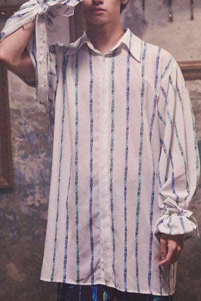 "The Painters" Collection- Crayon Stripes White Printed Wide Sleeve with Bandage Details Shirt