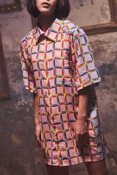 "The Painters" Collection- Crayon Check Pink and Blue Printed Double Pocket Details Short Sleeve Shirt