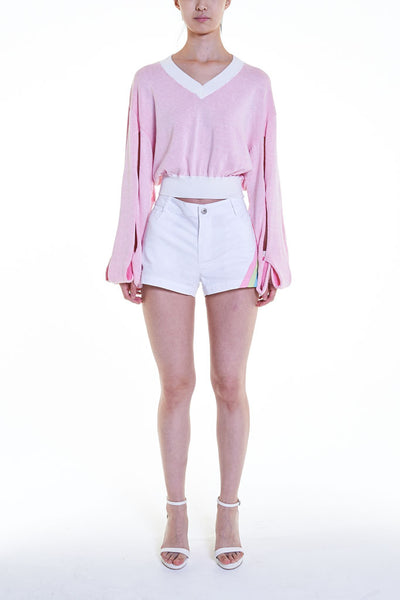 Elioliver Collection- Cut-Out See Through Knitted Top - White/Pink - Johan Ku Shop