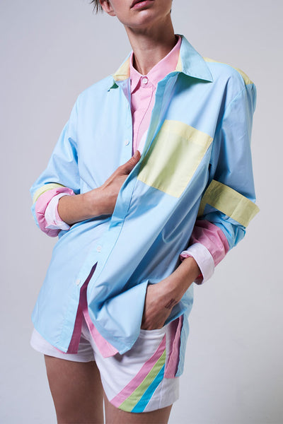Elioliver Collection- Contrast Colour Details Over-Sized Shirt - Blue/Yellow - Johan Ku Shop