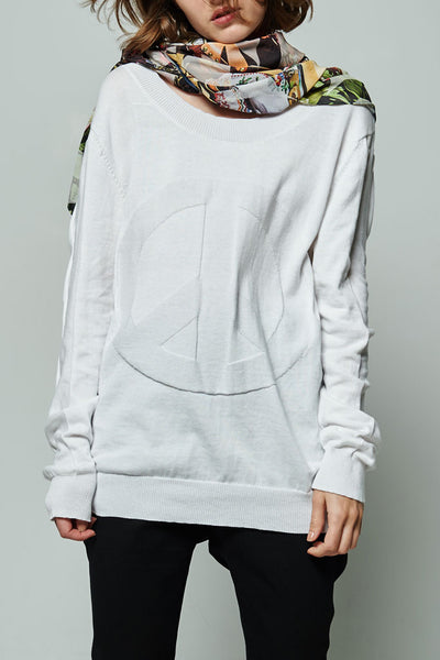 Elliot Collection- Peace Mark Stitches Knitted Long Top - White - Johan Ku Shop