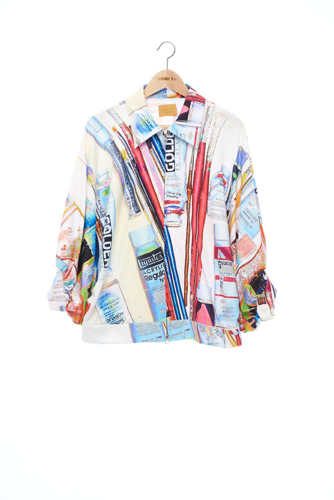 "The Painters" Collection- Painting Tools White POP Printed Elastic Jersey 2/3 Sleeve Volume Coat