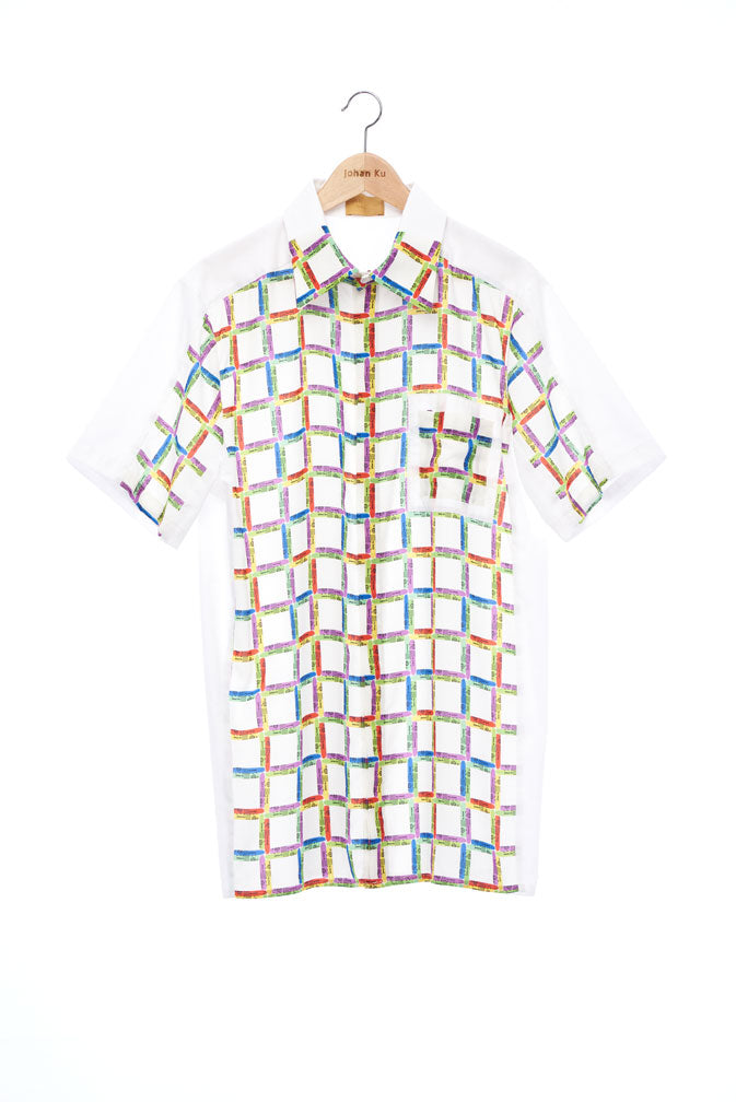 "The Painters" Collection- Crayon Check Printed /  White Double Pocket Details Short Sleeve Shirt