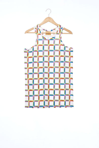 "The Painters" Collection- Crayon Stripes White Printed Elastic Jersey Tank Top