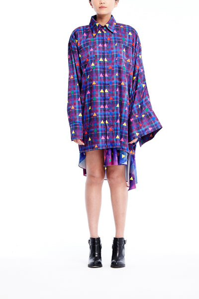 Sean Collection- Asymmetric Cutting Printed Short Dress- Purple Check with Rainbow Triangle Dots
