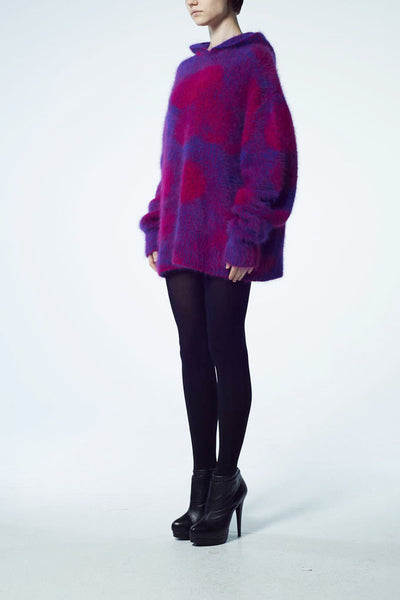Slade Collection- Angora Hair Over Size Dots Knitted Jacquard Hoodie Top - Johan Ku Shop